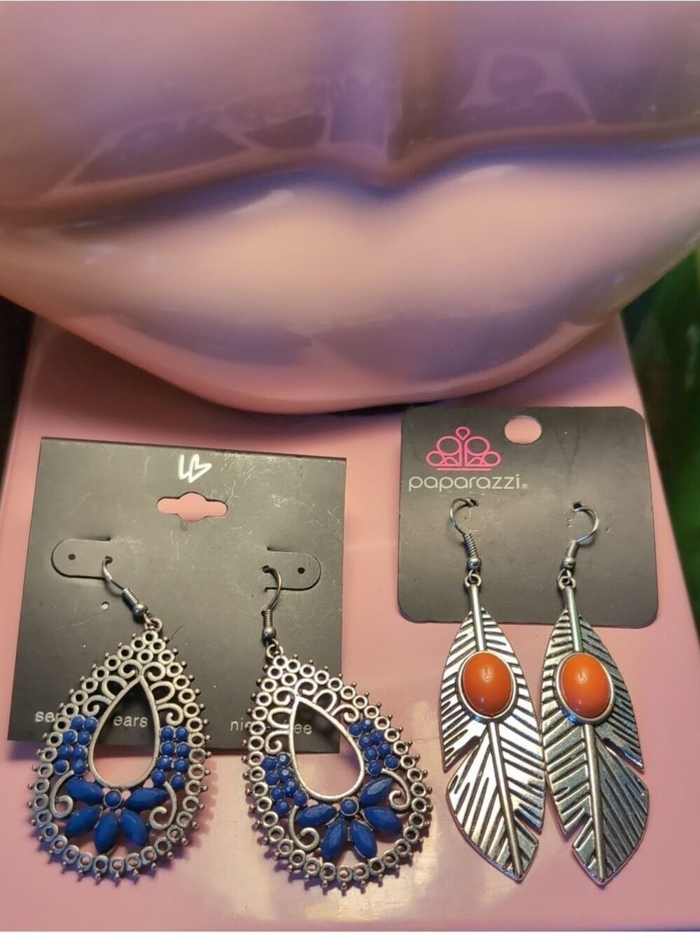 Paparazzi Silver Feather W/ Orange Accent & Blue Morrican Tear Drop Earrings